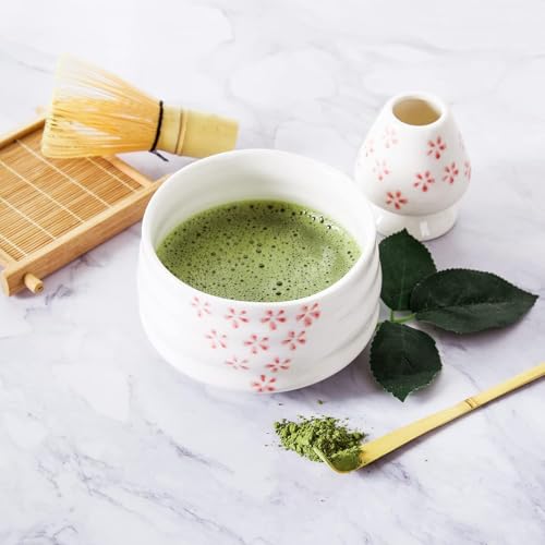 Flavoma Japanese Bamboo Matcha Whisk Sets of 7 (Match Brush) + Traditional Scoop (Chashaku) + Ceramic Tea Bowl + Tea Whisk Holder + Sifter + Ceremony Accessory Cloth + Stand for Tea Ceremony (Sakura) - Image 4