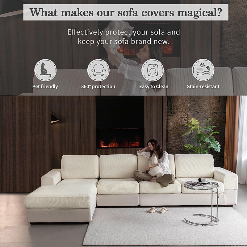 OHSIO Sectional Couch Covers, Wear Resistant Stretch Sofa Covers Washable Soft Couch Cushion Covers Anti Slip Furniture Protector Sofa Slipcovers for Pets (1 Piece Back Couch Cover, Ivory) - Image 4