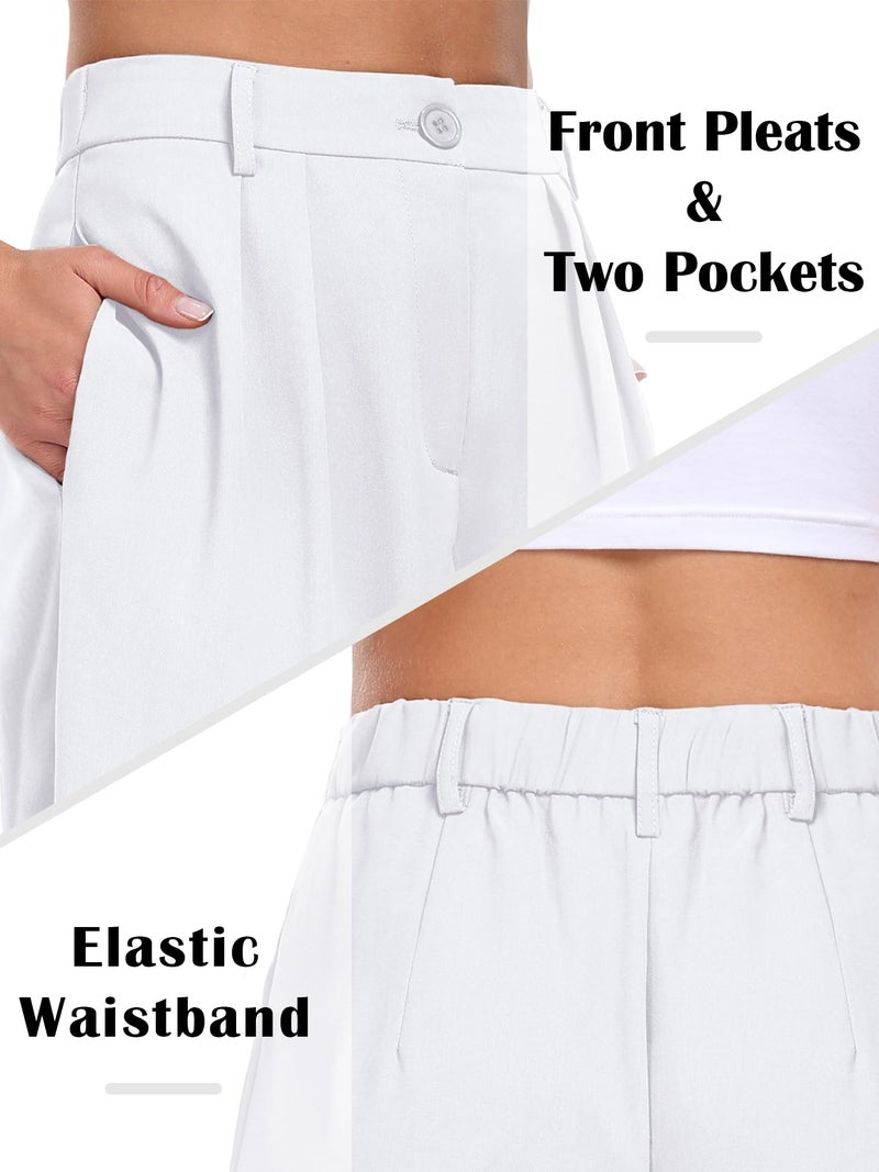 ELLEVEN Work Pants Women Wide Leg Dress Pants Business Casual Palazzo Flowy Trousers Elastic High Waisted Suit Slacks Dressy Office Trousers with Pleats White Small - Image 4
