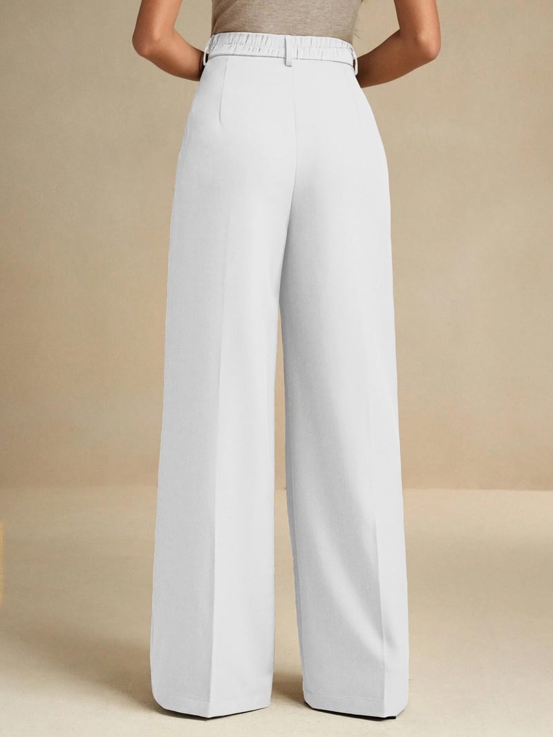 ELLEVEN Work Pants Women Wide Leg Dress Pants Business Casual Palazzo Flowy Trousers Elastic High Waisted Suit Slacks Dressy Office Trousers with Pleats White Small - Image 3
