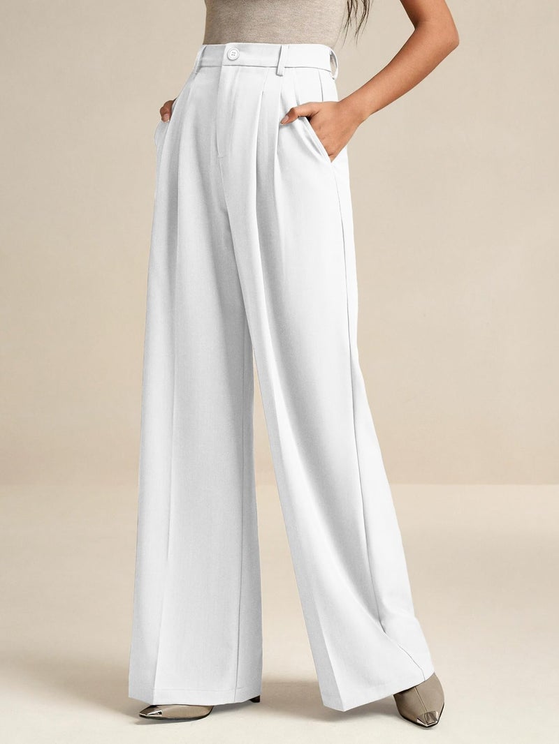ELLEVEN Work Pants Women Wide Leg Dress Pants Business Casual Palazzo Flowy Trousers Elastic High Waisted Suit Slacks Dressy Office Trousers with Pleats White Small - Image 2