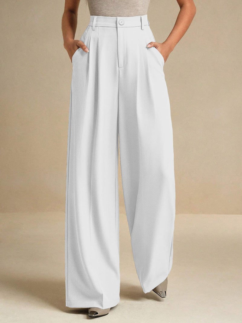 ELLEVEN Work Pants Women Wide Leg Dress Pants Business Casual Palazzo Flowy Trousers Elastic High Waisted Suit Slacks Dressy Office Trousers with Pleats White Small - Image 5