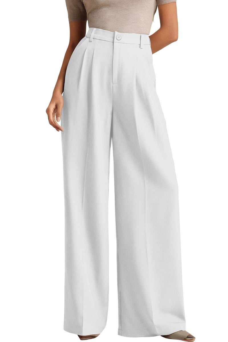 ELLEVEN Work Pants Women Wide Leg Dress Pants Business Casual Palazzo Flowy Trousers Elastic High Waisted Suit Slacks Dressy Office Trousers with Pleats White Small - Image 1