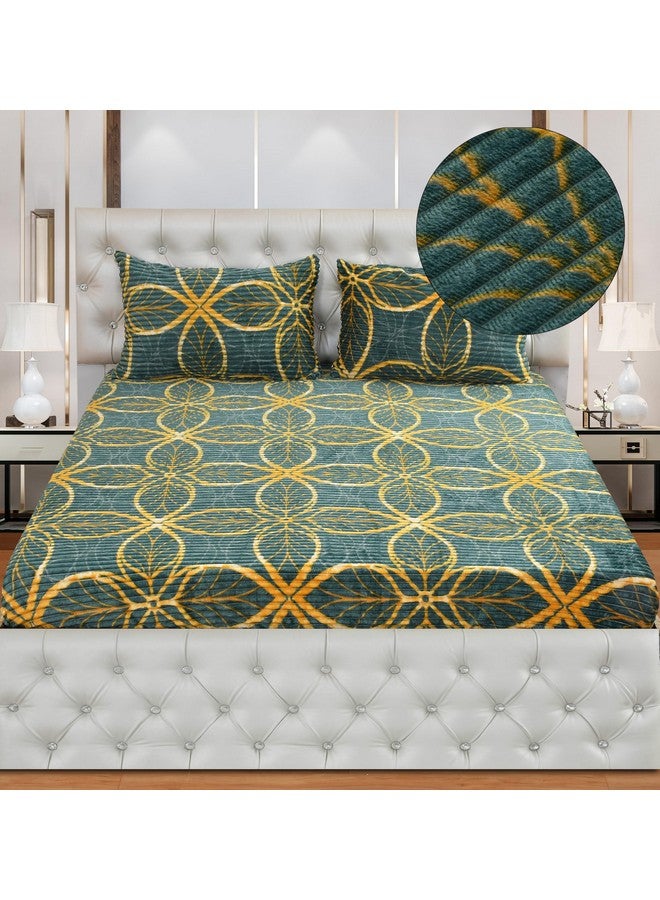 KAWI 350 TC Velvet Pencil Print 300 GSM Woolen Fleece Warm Flannel Double Bed Elastic Fitted King Size Bedsheet with 2 Zipper Pillow Cover (72"x78" X10") - Light Green Colour - Image 1