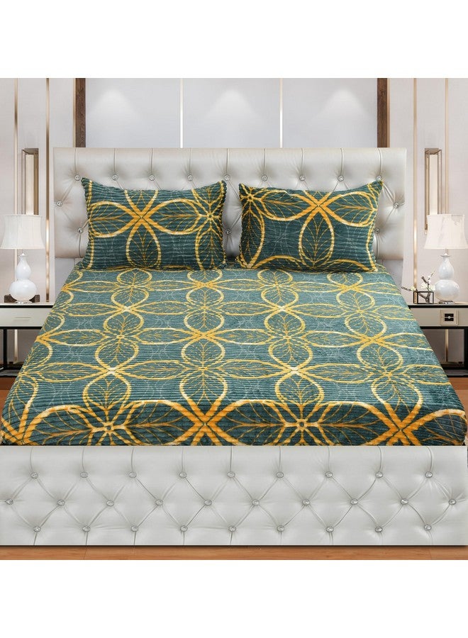 KAWI 350 TC Velvet Pencil Print 300 GSM Woolen Fleece Warm Flannel Double Bed Elastic Fitted King Size Bedsheet with 2 Zipper Pillow Cover (72"x78" X10") - Light Green Colour - Image 2