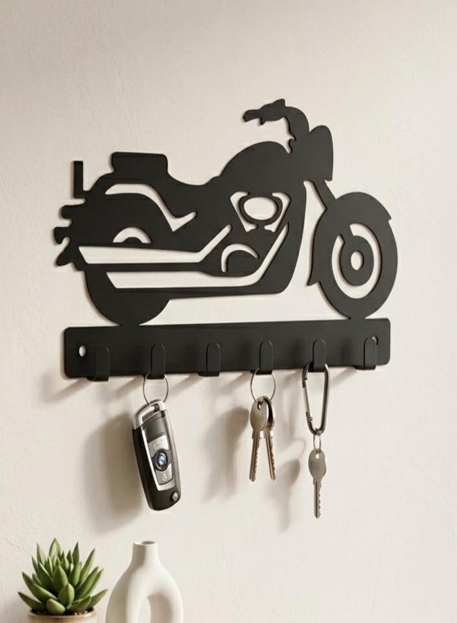 SHUCHI ESSENTIALS Bike Design Metal Key Holder for Home Decor Stylish, Wall Mounted Key Stand for Wall with 6 Hooks, Matte Black Key Hanger - Image 1