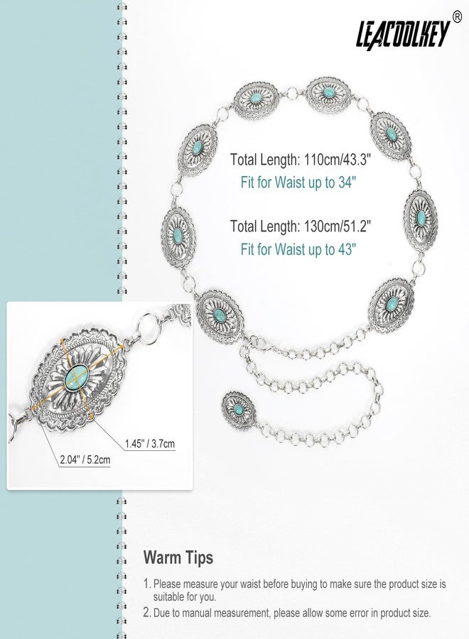 LEACOOLKEY Women Turquoise Concho Chain Waist Belt Silver Western Cowgirl Metal Chain Belt for Dress Adjustable, C-silver, Fit for Waist up to 35" - Image 3