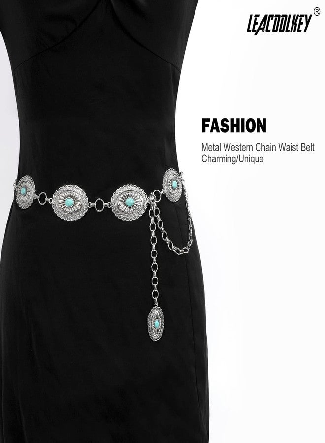 LEACOOLKEY Women Turquoise Concho Chain Waist Belt Silver Western Cowgirl Metal Chain Belt for Dress Adjustable, C-silver, Fit for Waist up to 35" - Image 4