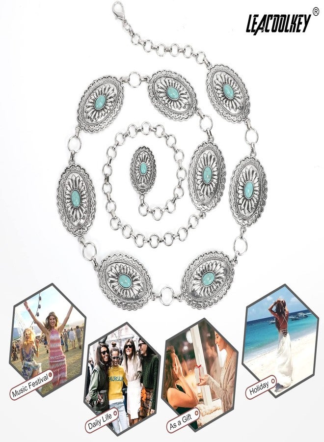 LEACOOLKEY Women Turquoise Concho Chain Waist Belt Silver Western Cowgirl Metal Chain Belt for Dress Adjustable, C-silver, Fit for Waist up to 35" - Image 5