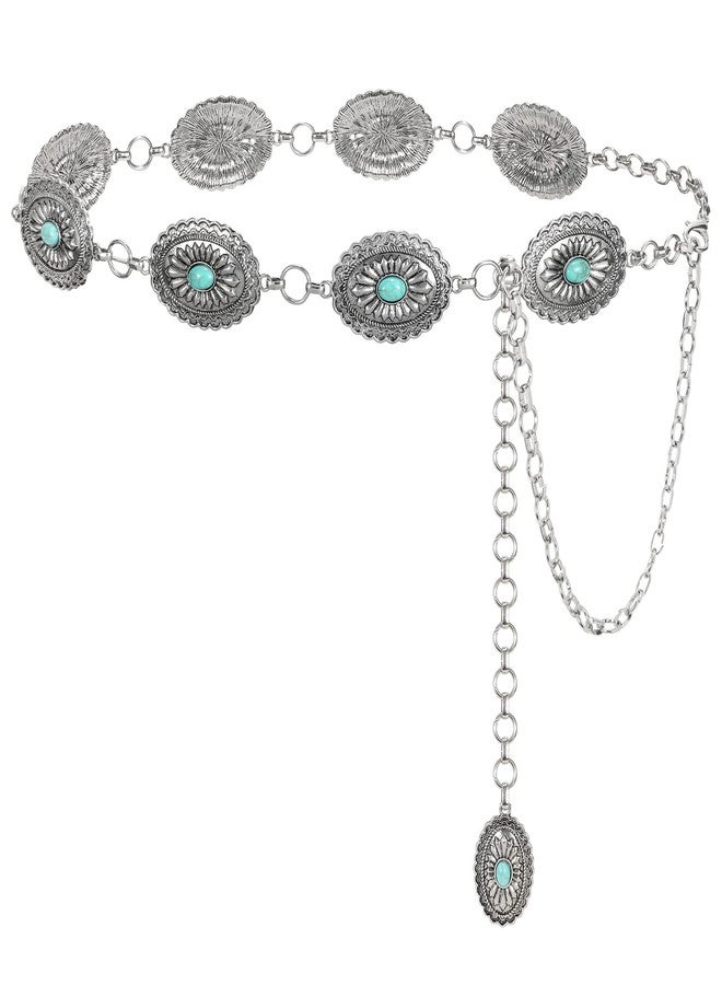 LEACOOLKEY Women Turquoise Concho Chain Waist Belt Silver Western Cowgirl Metal Chain Belt for Dress Adjustable, C-silver, Fit for Waist up to 35" - Image 1