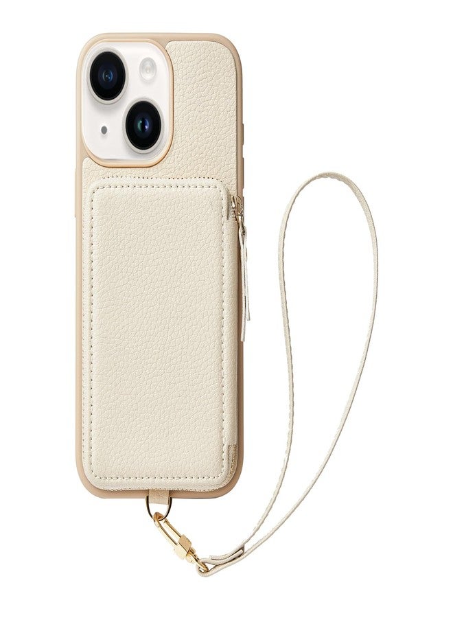 ZVE for iPhone 13 Wallet Case with Credit Card Holder, Zipper RFID Blocking Leather Case with Wrist Strap, Handbag Case Purse Cover for Women for iPhone 13 6.1" (2021) - Beige - Image 1