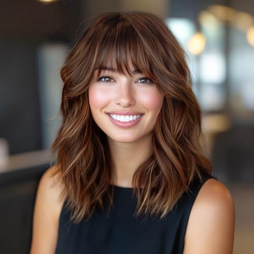 Lativ Brown Wigs with Bangs Bob Curly Wavy Highlight Hair with Dark Roots Short Wig for Women Natural Synthetic Fiber Shoulder Length for Cosplay Daily Use - Image 1