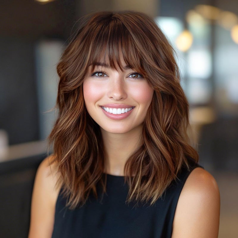 Lativ Brown Wigs with Bangs Bob Curly Wavy Highlight Hair with Dark Roots Short Wig for Women Natural Synthetic Fiber Shoulder Length for Cosplay Daily Use - Image 2