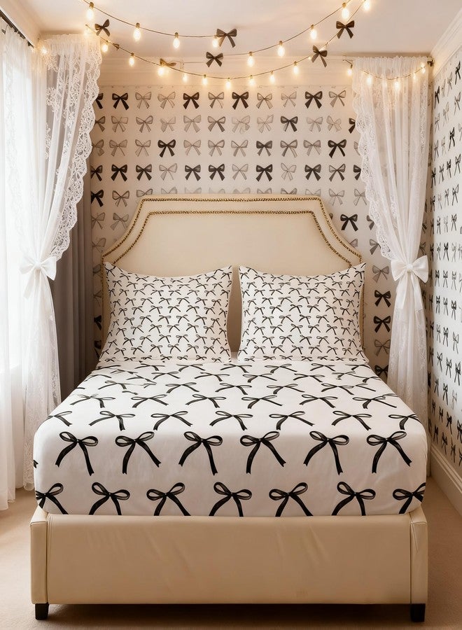 Man Fei Cartoon Bowknot Kids Fitted Sheet Queen Size,Bow Tie Geometric Patchwork Modern Bedding Set,Girls Women Room Decor,Bow Butterfly Knot Bed Cover,Black White Simple Bed Sheet,2 Pillowcases - Image 1