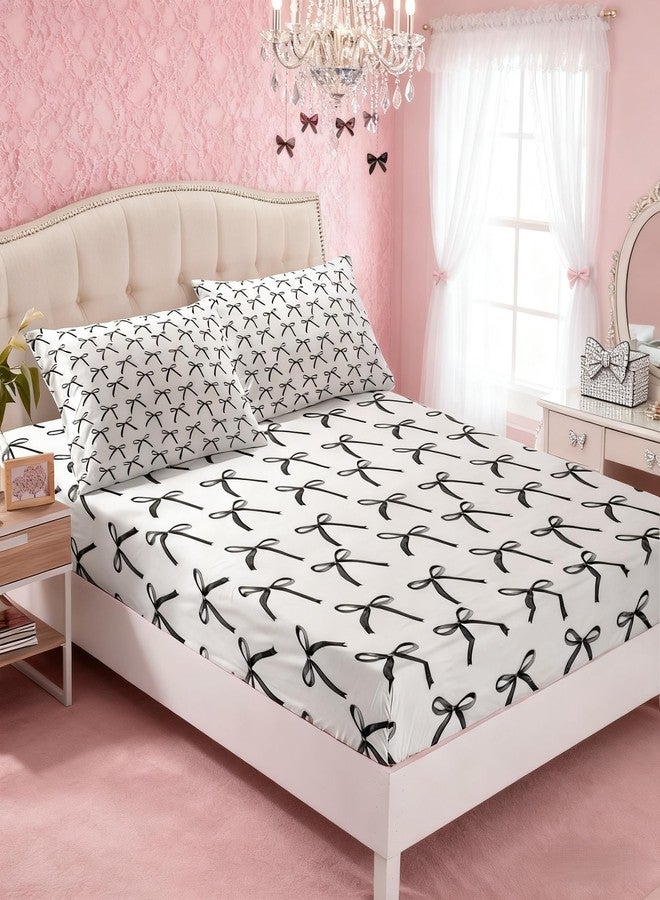 Man Fei Cartoon Bowknot Kids Fitted Sheet Queen Size,Bow Tie Geometric Patchwork Modern Bedding Set,Girls Women Room Decor,Bow Butterfly Knot Bed Cover,Black White Simple Bed Sheet,2 Pillowcases - Image 2