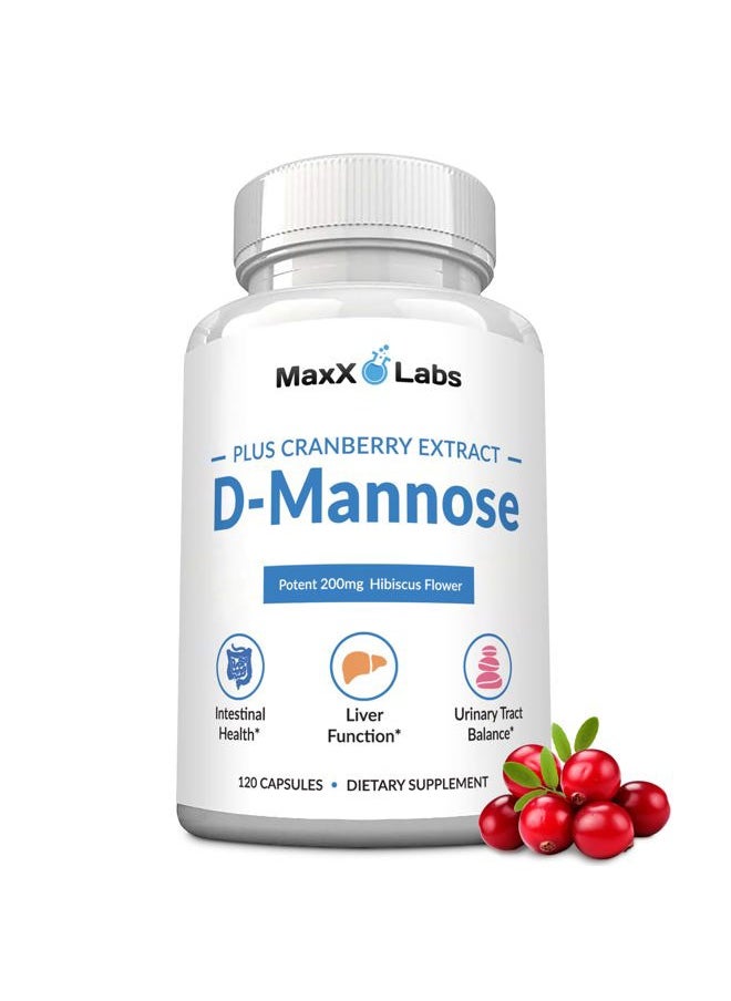MaxX Labs D Mannose 1000mg - D-Mannose Cranberry Supplement with Hibiscus - Support Urinary Tract Health for Women & Men - Helps Overactive Bladder & Urinary Tract Infection - DMannose Pills for UTI - 120 Pills  - Image 1