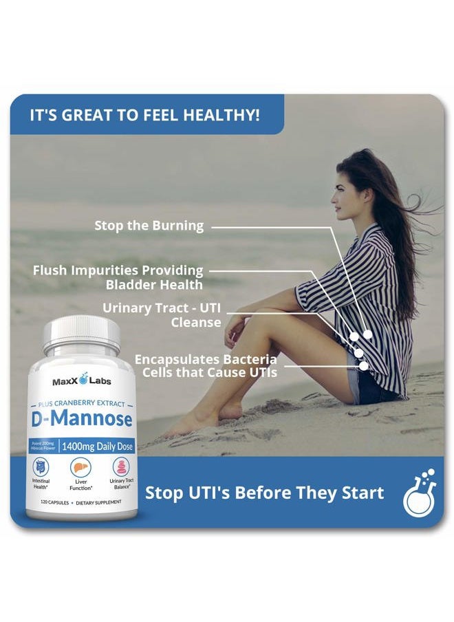 MaxX Labs D Mannose 1000mg - D-Mannose Cranberry Supplement with Hibiscus - Support Urinary Tract Health for Women & Men - Helps Overactive Bladder & Urinary Tract Infection - DMannose Pills for UTI - 120 Pills  - Image 2