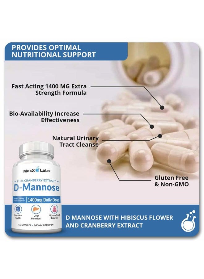 MaxX Labs D Mannose 1000mg - D-Mannose Cranberry Supplement with Hibiscus - Support Urinary Tract Health for Women & Men - Helps Overactive Bladder & Urinary Tract Infection - DMannose Pills for UTI - 120 Pills  - Image 3