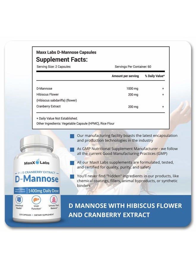 MaxX Labs D Mannose 1000mg - D-Mannose Cranberry Supplement with Hibiscus - Support Urinary Tract Health for Women & Men - Helps Overactive Bladder & Urinary Tract Infection - DMannose Pills for UTI - 120 Pills  - Image 4