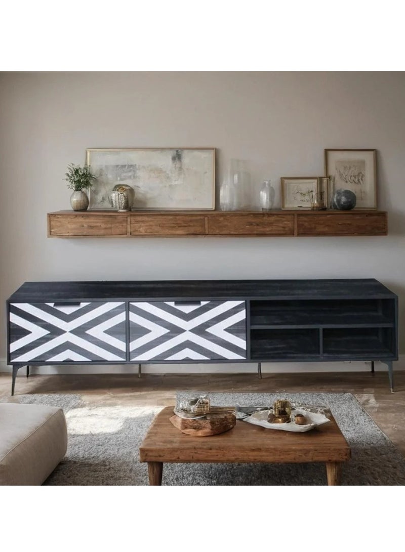 NZONE STORE Modern wooden TV table with geometric design black color | Size180 cm - Image 1