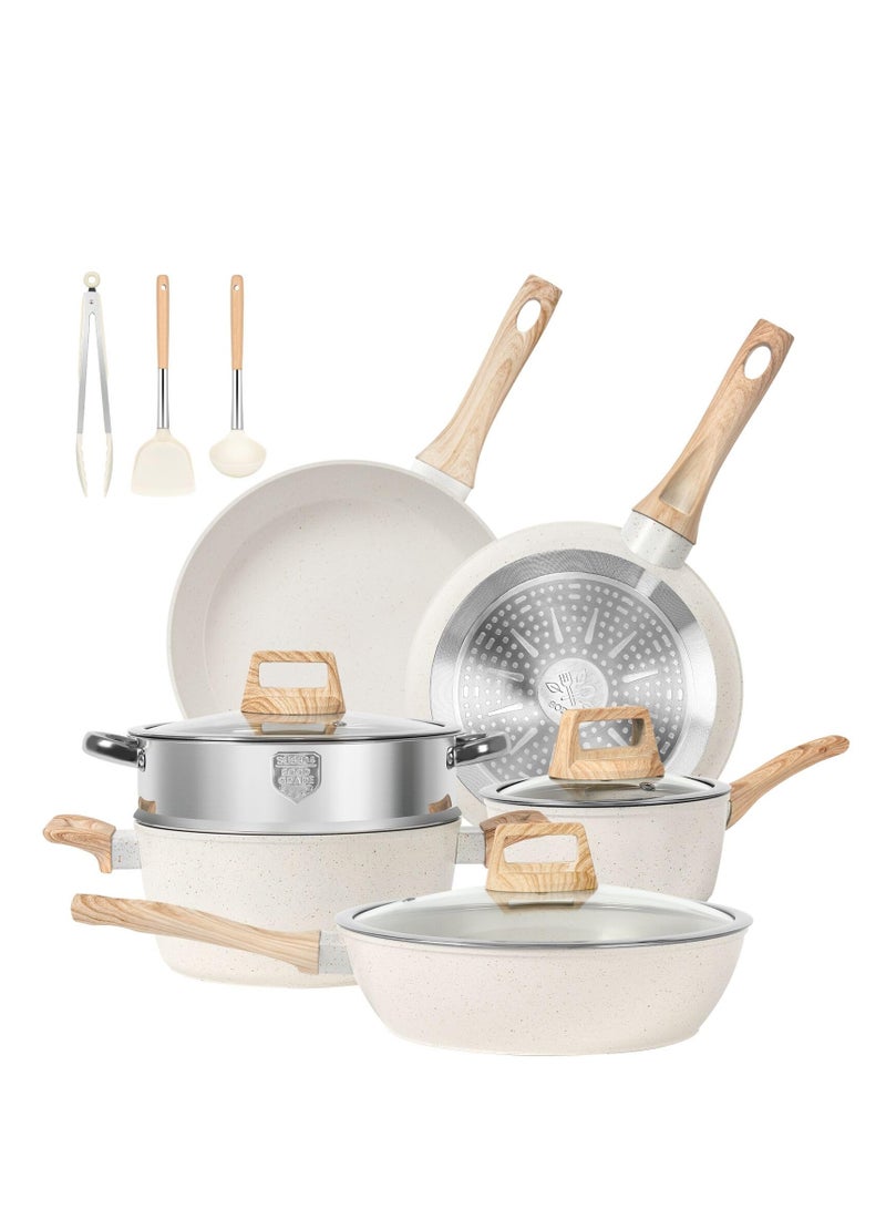 XiuWoo 12 Pcs Pots and Pans Set, Nonstick Cookware Sets Beige Granite Induction Cookware, Non-toxic Healthy Non Stick Kitchen Cooking Set with Frying Pans Set, Saucepans,Steamer, Beige  - Image 1