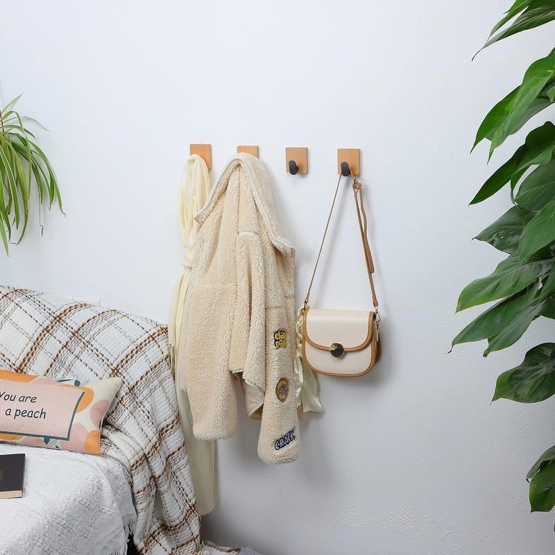 Towel Hooks Wall Mounted - Adhesive Bathroom Coat Hooks for Hanging Robes Clothes Light Brown, Black Solid Wood Beech Wall Hook 4 Packs