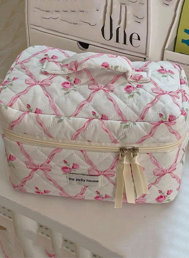 ARNOTEC طقم حقائب مكياج مزخرفة من 3 قطع، منظم تجميل قطن ناعم بسوستة سلسة، حقائب مستحضرات تجميل للسفر للنساء والفتيات (أقواس وردية) - Image 5