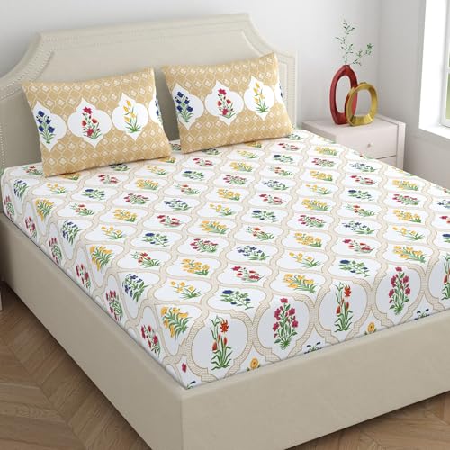 Home Ecstasy 100% Cotton Double Bedsheet with 2 Pillow Covers - (Size 87 x 94 inches, 140 TC, Colour - Beige: Caramel Mist) - Image 1