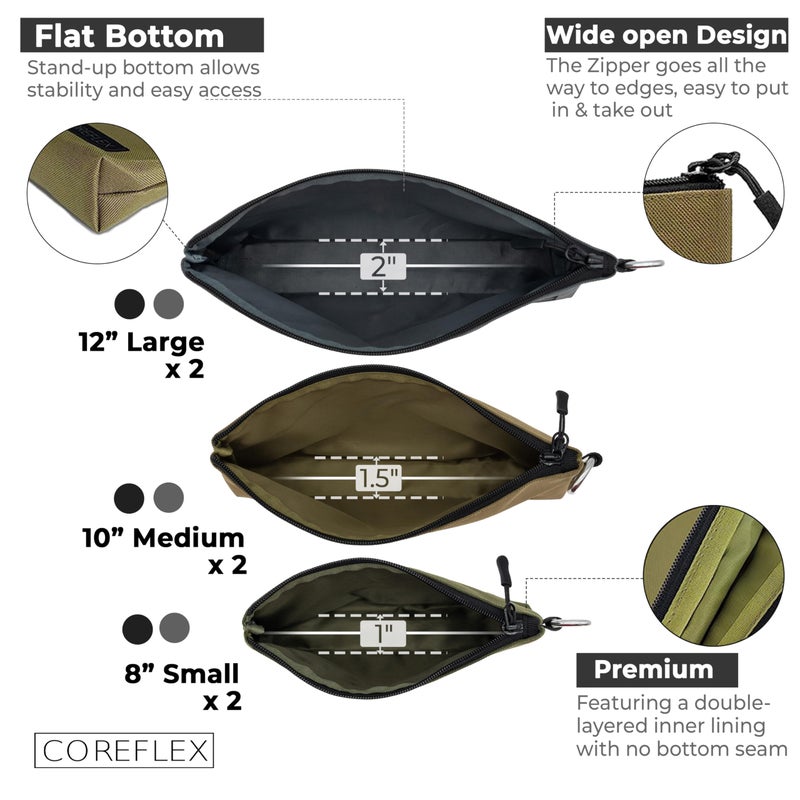COREFLEX Premium Tool Pouch Zipper Bag, Small Tool Bag, Multipurpose Storage pouch, Heavy duty Flat Bottom Tool bag with YKK Zipper (6 pack Combo mixed size Black &Grey) - Image 3