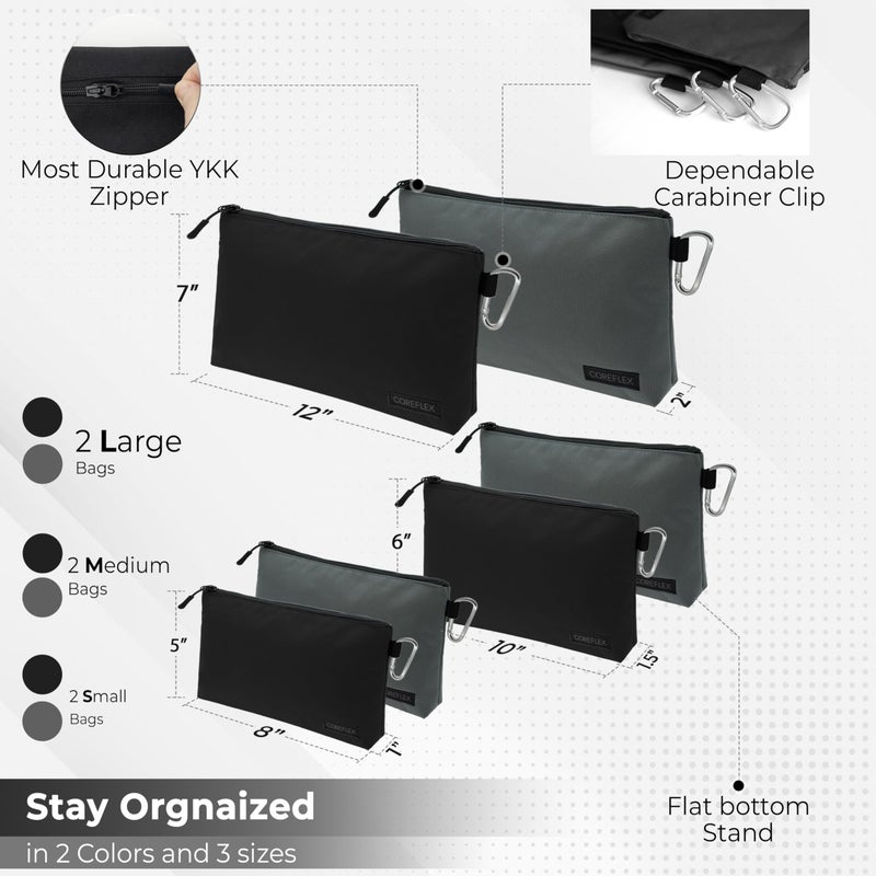 COREFLEX Premium Tool Pouch Zipper Bag, Small Tool Bag, Multipurpose Storage pouch, Heavy duty Flat Bottom Tool bag with YKK Zipper (6 pack Combo mixed size Black &Grey) - Image 2