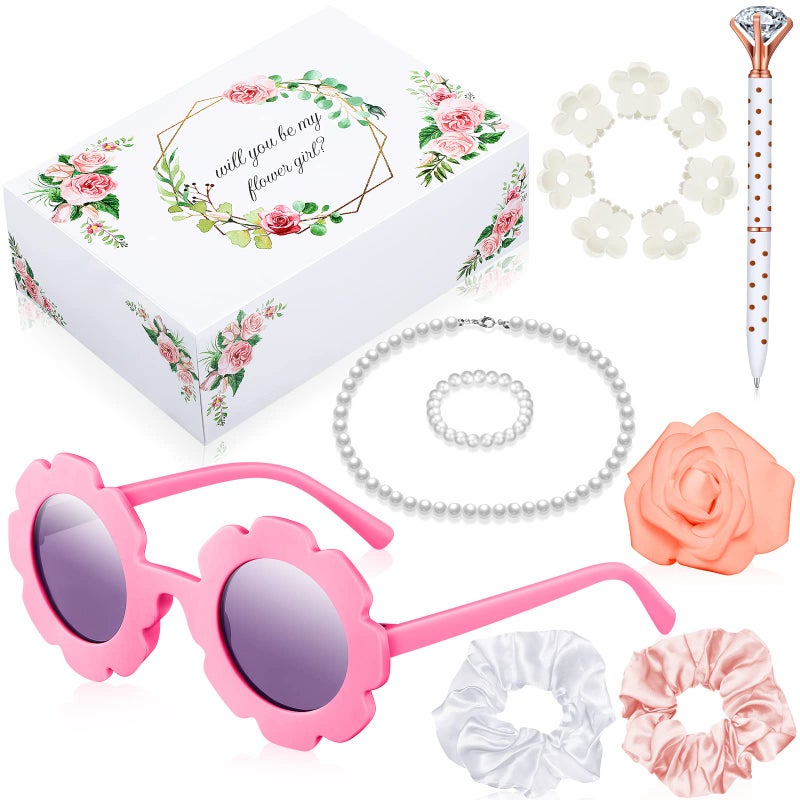 Yilloog 16 Pcs Flower Girl Proposal Box Kit Flower Girl Gifts Flower Girl Box Round Glasses Necklace Pearl Bracelet Diamond Pen Hair Scrunchies Rose Will You Be My Flower Girl for Wedding Rose Pink