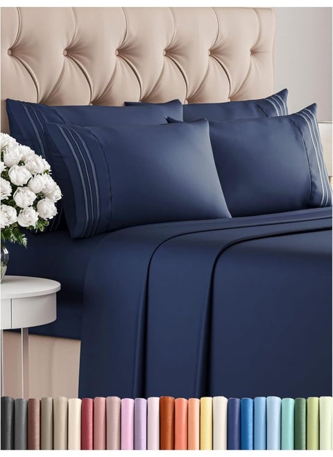 King Size Sheet Set - 6 Piece Set - Hotel Luxury Bed Sheets - Extra Soft - Deep Pockets - Easy Fit - Breathable & Cooling Sheets - Wrinkle Free - Comfy - Navy Blue Bed Sheets - King Sheets 6 PC