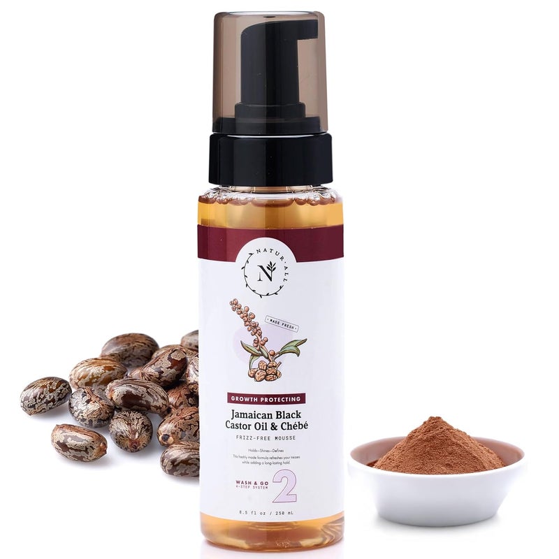 NaturAll Jamaican Black Castor Oil  Chebe Curly Hair Mousse  SulfateFree Lightweight AntiFrizz Styling Foam for Defined Curls LongLasting Hold  Enhanced Shine 85 Oz