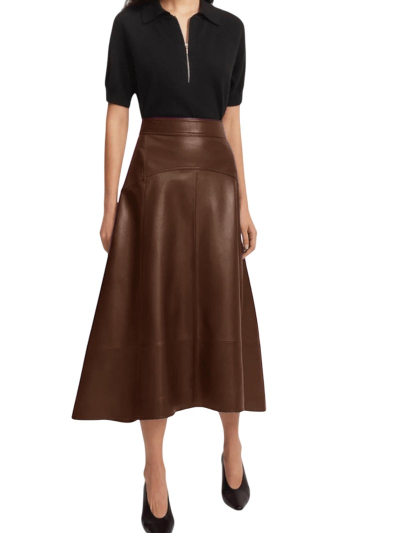 Jild Real Lambskin Leather Skirts for Women High Waist Classical Mid Length Going Out Skirt with Stylish Patchwork (Skirt-Brown-XL) - Image 2