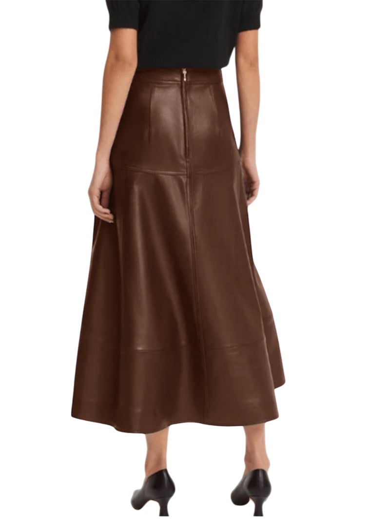 Jild Real Lambskin Leather Skirts for Women High Waist Classical Mid Length Going Out Skirt with Stylish Patchwork (Skirt-Brown-XL) - Image 3
