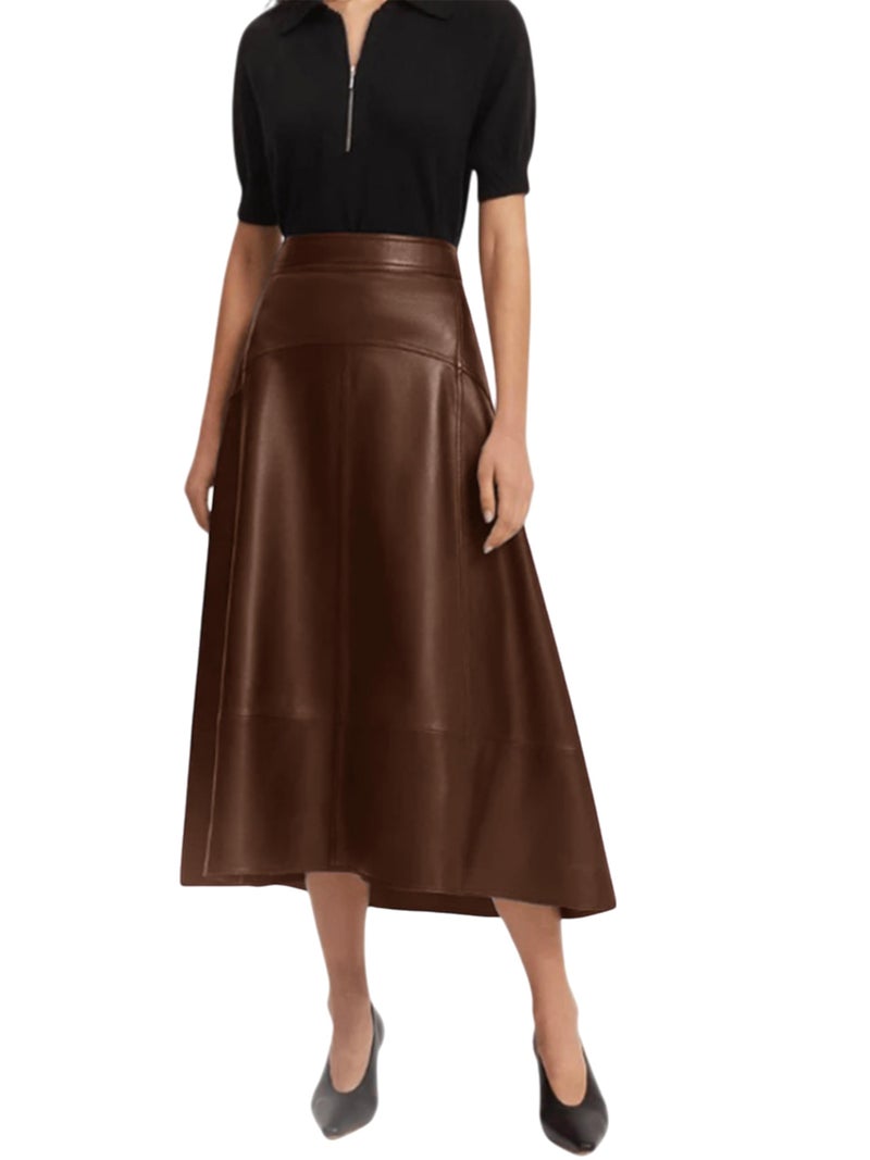 Jild Real Lambskin Leather Skirts for Women High Waist Classical Mid Length Going Out Skirt with Stylish Patchwork (Skirt-Brown-XL) - Image 1