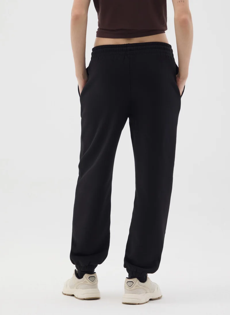Ovs BLACK COTTON BLEND REGULAR FIT TROUSERS