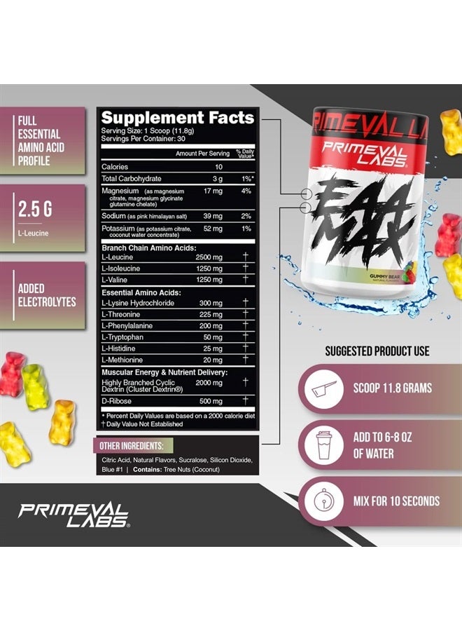 Primeval Labs EAA ماكس، مسحوق الأحماض الأمينية BCAA المثالي - استعادة العضلات قبل أو بعد التمرين - BCAAs، EAAs، إلكتروليتات، يدعم الترطيب والأداء، مناسب للكيتو (دب gummy) - Image 2