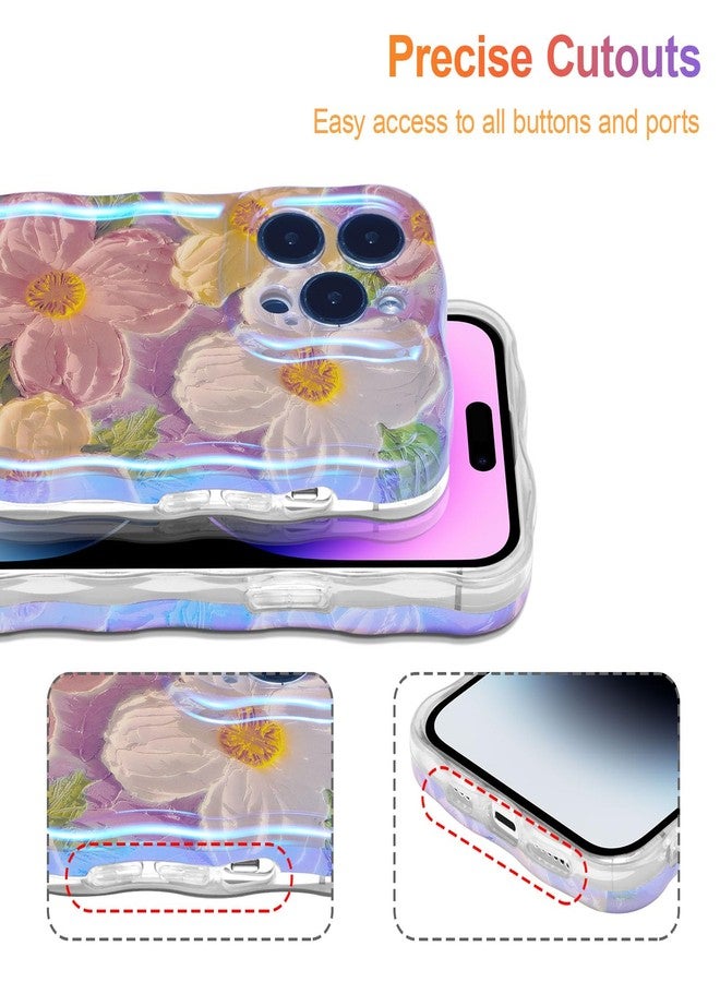 EYZUTAK جراب EYZUTAK لهاتف iPhone 13 Pro Max، بتصميم زهور مستوحى من لوحات زيتية عتيقة ملونة، ونمط لامع بنمط أشعة الليزر، وحواف مموجة لطيفة، وغطاء هاتف أنيق ومتين من مادة TPU، مناسب للفتيات والسيدات - وردي - Image 5
