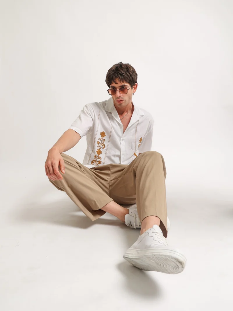 Maniac  Maniac Mens Golden Petal Embroidery Half Slevee White Linen Shirt for Men | Best Price UAE