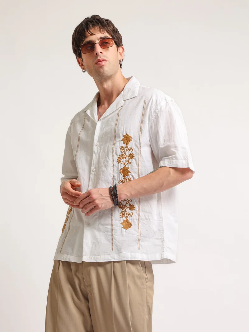 Maniac  Maniac Mens Golden Petal Embroidery Half Slevee White Linen Shirt for Men | Best Price UAE