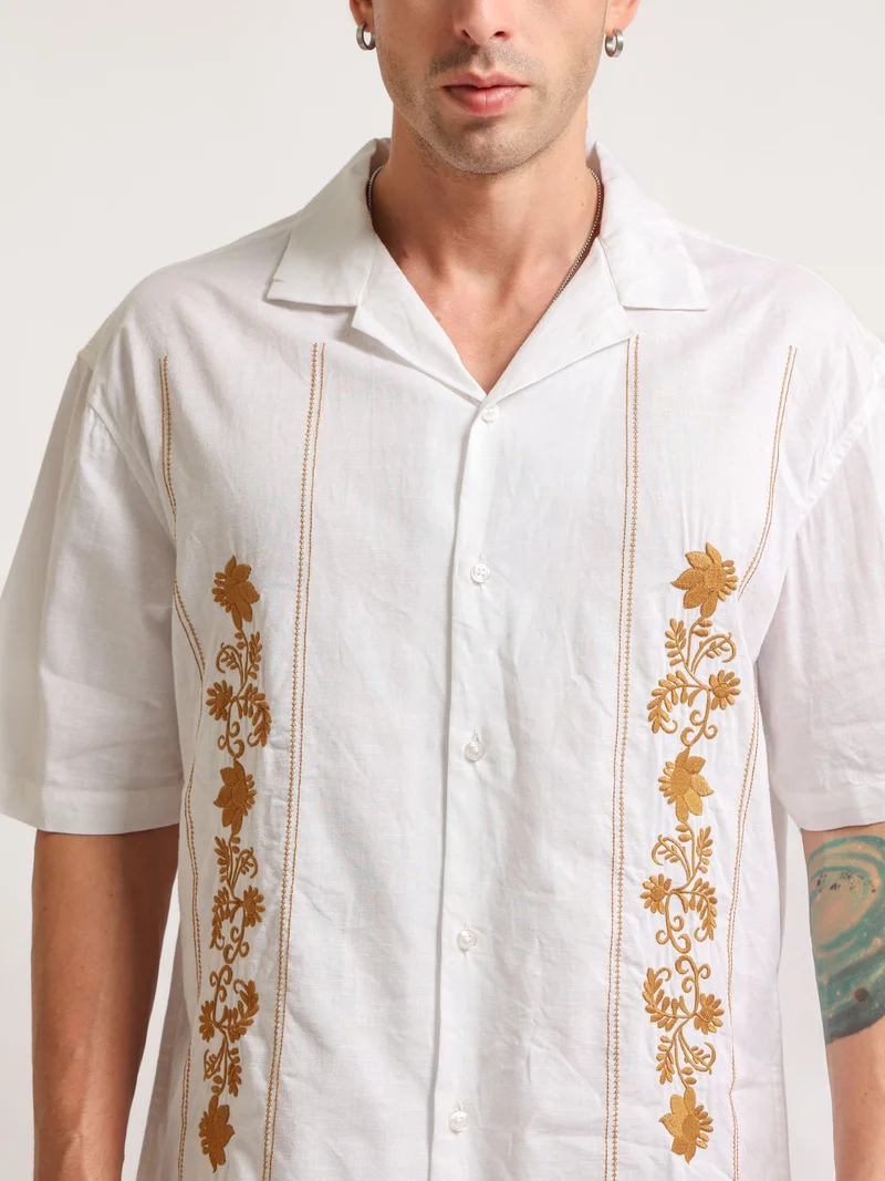 Maniac  Maniac Mens Golden Petal Embroidery Half Slevee White Linen Shirt for Men | Best Price UAE
