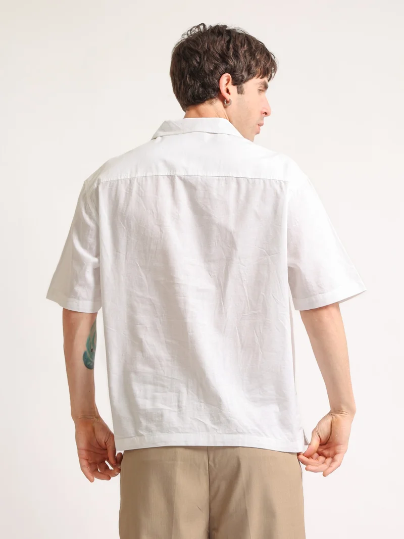 Maniac  Maniac Mens Golden Petal Embroidery Half Slevee White Linen Shirt for Men | Best Price UAE