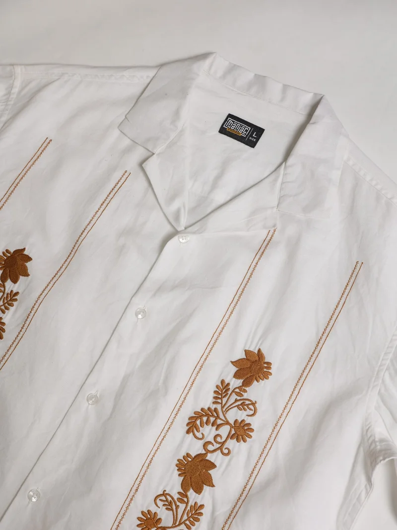 Maniac  Maniac Mens Golden Petal Embroidery Half Slevee White Linen Shirt for Men | Best Price UAE