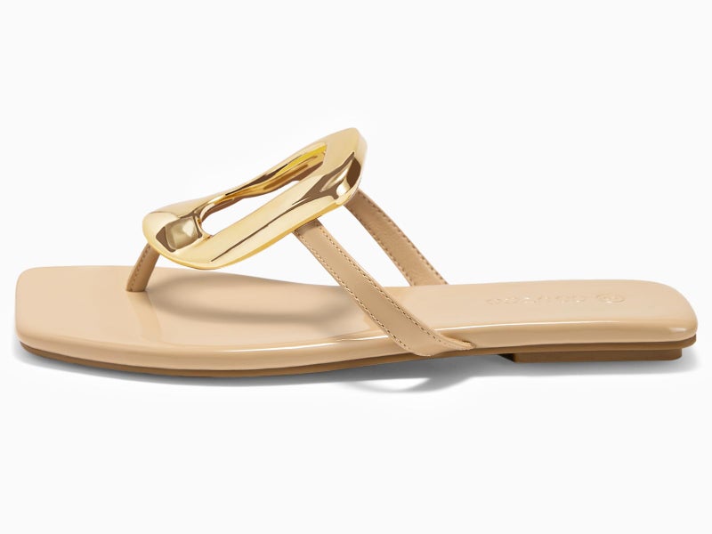 Coutgo Womens Flat Sandals Dress Slide Sandals Thong Summer Beach Shoes with Metal Decorationn,Light Khaki,size 9 - Image 4