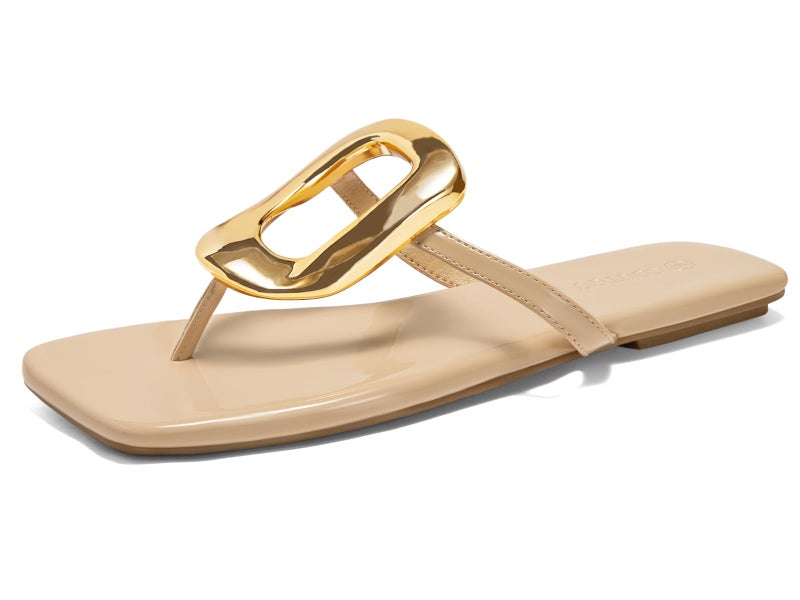 Coutgo Womens Flat Sandals Dress Slide Sandals Thong Summer Beach Shoes with Metal Decorationn,Light Khaki,size 9 - Image 1