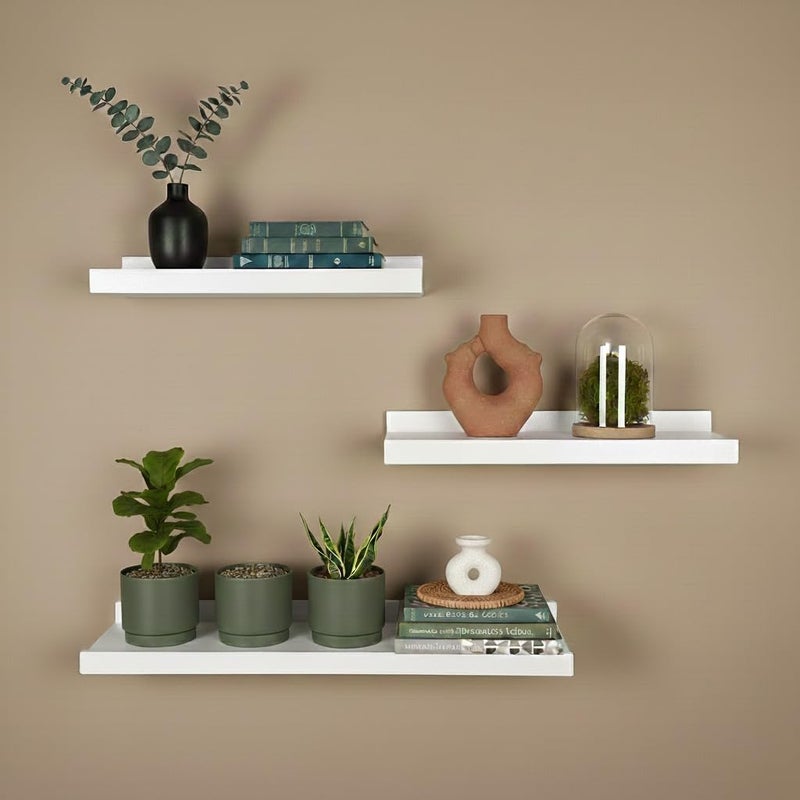 KARVA Rustic Wooden Floating Shelves for Wall Decor - Set of 3 Modern Wall Mounted Storage Shelves for Living Room, Bedroom, and Kitchen - Available in Black, Brown, and White (White) - Image 1