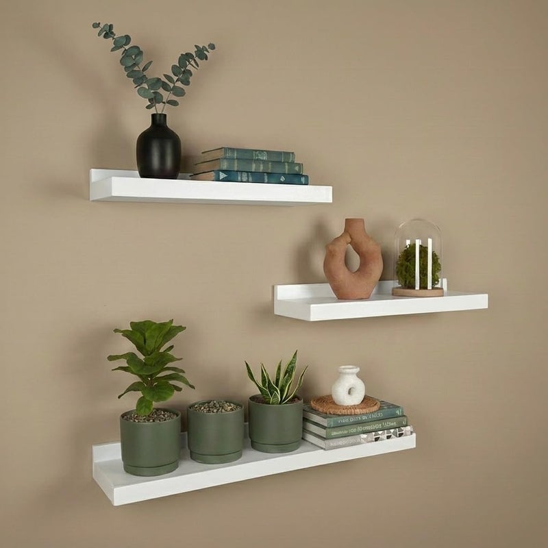 KARVA Rustic Wooden Floating Shelves for Wall Decor - Set of 3 Modern Wall Mounted Storage Shelves for Living Room, Bedroom, and Kitchen - Available in Black, Brown, and White (White) - Image 2