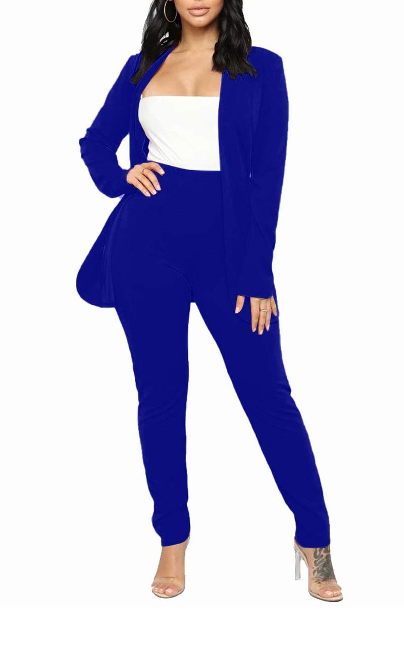 Aro Lora Women's 2 Piece Outfit Casual Solid Open Front Blazer and Pencil Pant Suits Set Large Royal Blue - Image 5