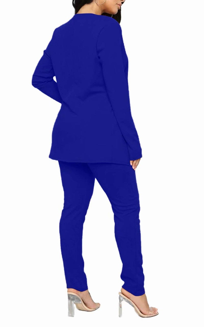 Aro Lora Women's 2 Piece Outfit Casual Solid Open Front Blazer and Pencil Pant Suits Set Large Royal Blue - Image 2
